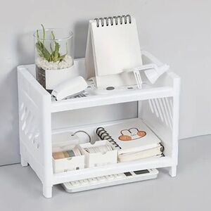 White Plastic Desktop Storage Rack -Multi-Functional Rectangular Organizer Shelf